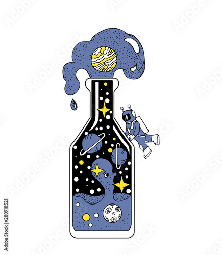 A bottle with space inside and the astronaut who opened it. Space logo. Doodle space logo isolated on white background. Hand drawn black sketch color vector illustration. Open space.