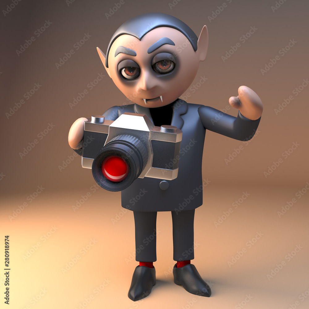 Funny vampire dracula character from Halloween in 3d holding a camera,3d illustration