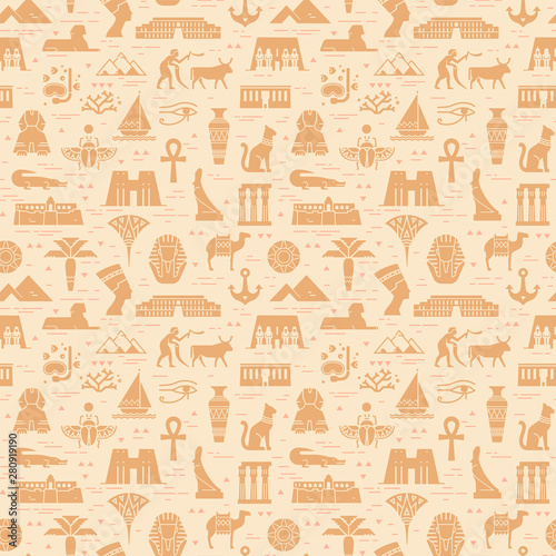 Bright seamless pattern of symbols, landmarks, and signs of Egypt from icons