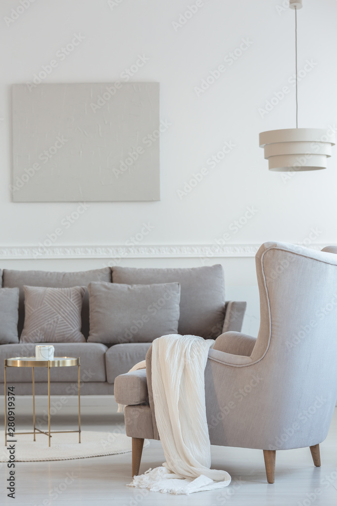 Big comfortable wing back armchair next to long grey scandinavian sofa with  pillows in bright living room interior foto de Stock | Adobe Stock