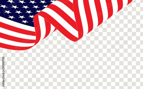 Waving american or USA flag, isolated and transparent, vector. USA, American waving flag, vector on transparent. American USA flag vector.