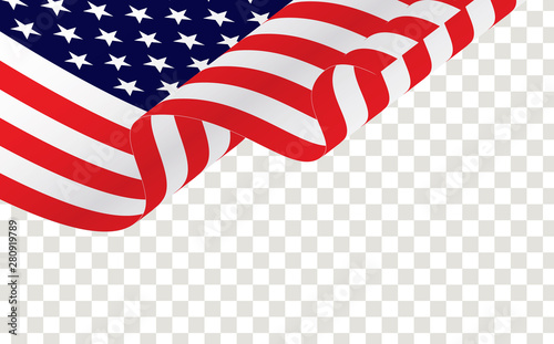 American flag waving in the wind. Waving american flag isolated on transparent.  American or USA waving flag, vector. 