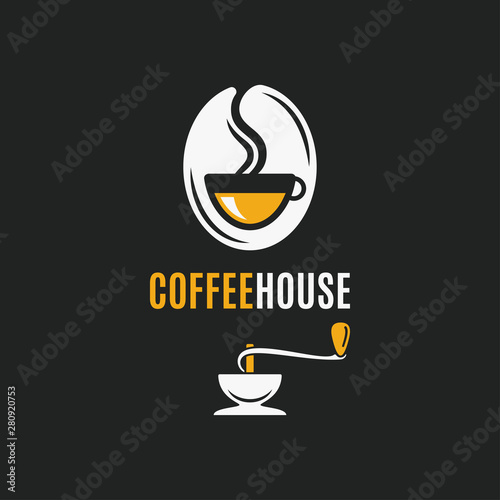coffee bean logo with coffee cup and grinder