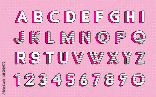 Cute polka dots 3D english alphabet letters set.  Vector LOL doll surprise style. Happy birthday alphabet with hot pink shadow. Vector LOL doll surprise style.  photo