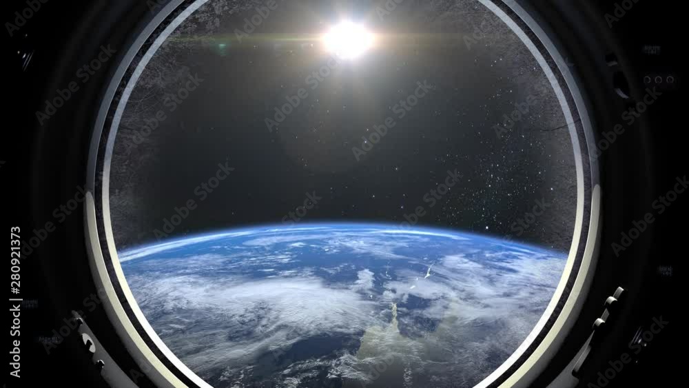 A view of the Earth through the big porthole of a spaceship. International space station is orbiting the Earth. Realistic atmosphere. 3D Volumetric clouds. Space. ISS. 4K. The earth rotates backward. A view of the Earth through the big porthole of a spaceship. International space station is orbiting the Earth. Realistic atmosphere. 3D Volumetric clouds. Space. ISS. 4K. The earth rotates backward.