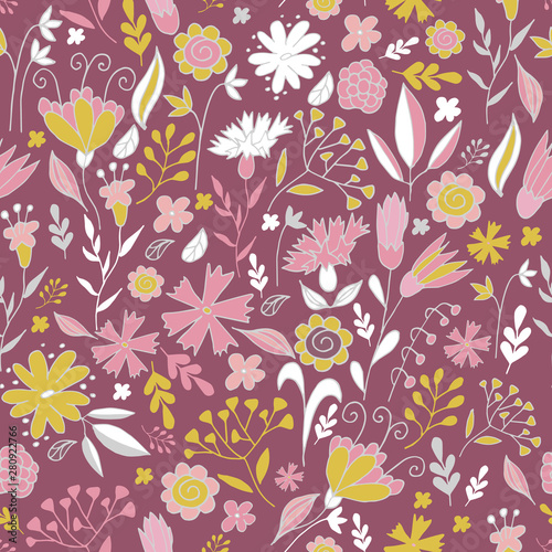 Elegant seamless pattern with flowers in pink and mustard.