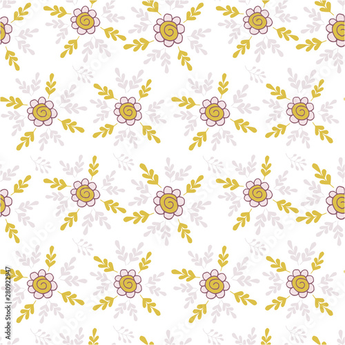 Elegant seamless pattern with flowers in pink and mustard.