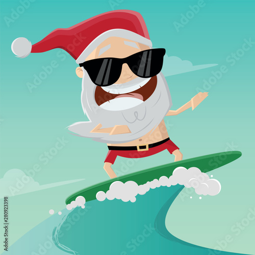 funny cartoon illustration of a surfing santa claus