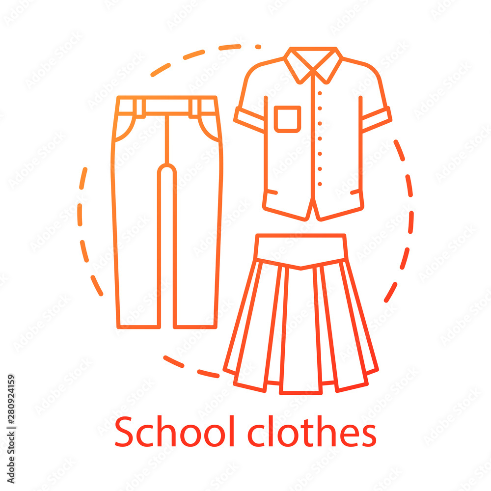 Official school uniform concept icon. Elementary grade student fashion idea thin line illustration. Men and women clothes, formal apparel. T shirt, pants and long skirt vector isolated outline drawing Official school uniform concept icon. Elementary grade student fashion idea thin line illustration. Men and women clothes, formal apparel. T shirt, pants and long skirt vector isolated outline drawing