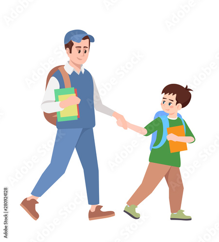 Brothers holding hands and going to school flat vector illustration. Preteen and teenage schoolboys with backpacks and textbooks. School children hurry up to lessons isolated cartoon characters