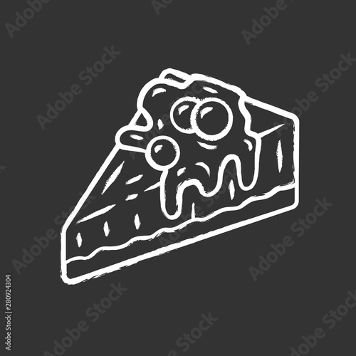 Cheesecake chalk icon. Cake with topping and berries. Bakery shop, confectionery menu. Sweet dessert, pastry. Fruit glazed cheesecake slice. Isolated vector chalkboard illustration