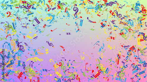 Disco Background. Colorful Musical Notes Symbol Falling on Hologram Background. Many Random Falling Notes, Bass and, Treble Clef. Disco Vector Template with Musical Symbols.