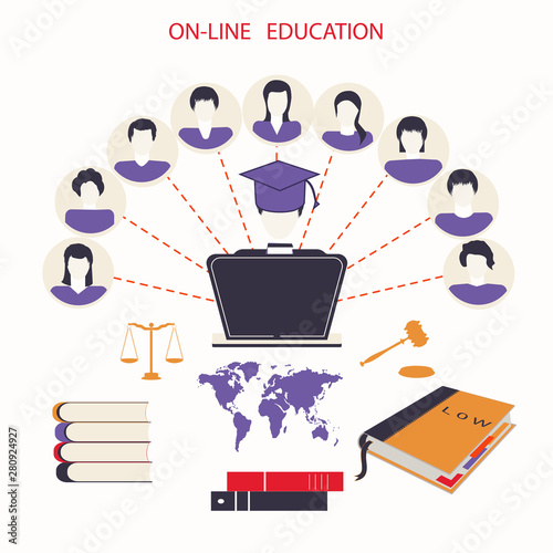 Legal online education - Lawyer in an academic cap at the computer - contact with clients - books, scales of justice, judicial hammer - vector.