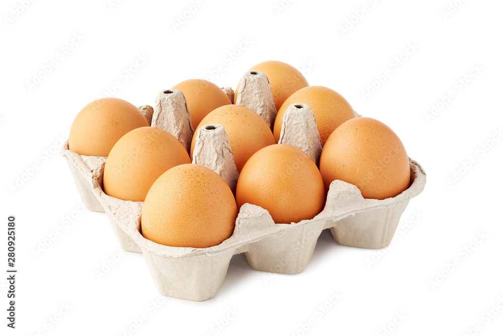 Nine brown fresh eggs in retail tray on white