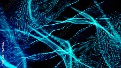 Imitation an abstract wave on dark background. Network Design with Particle. Big data. Abstract bright shine in black space. 3D rendering .