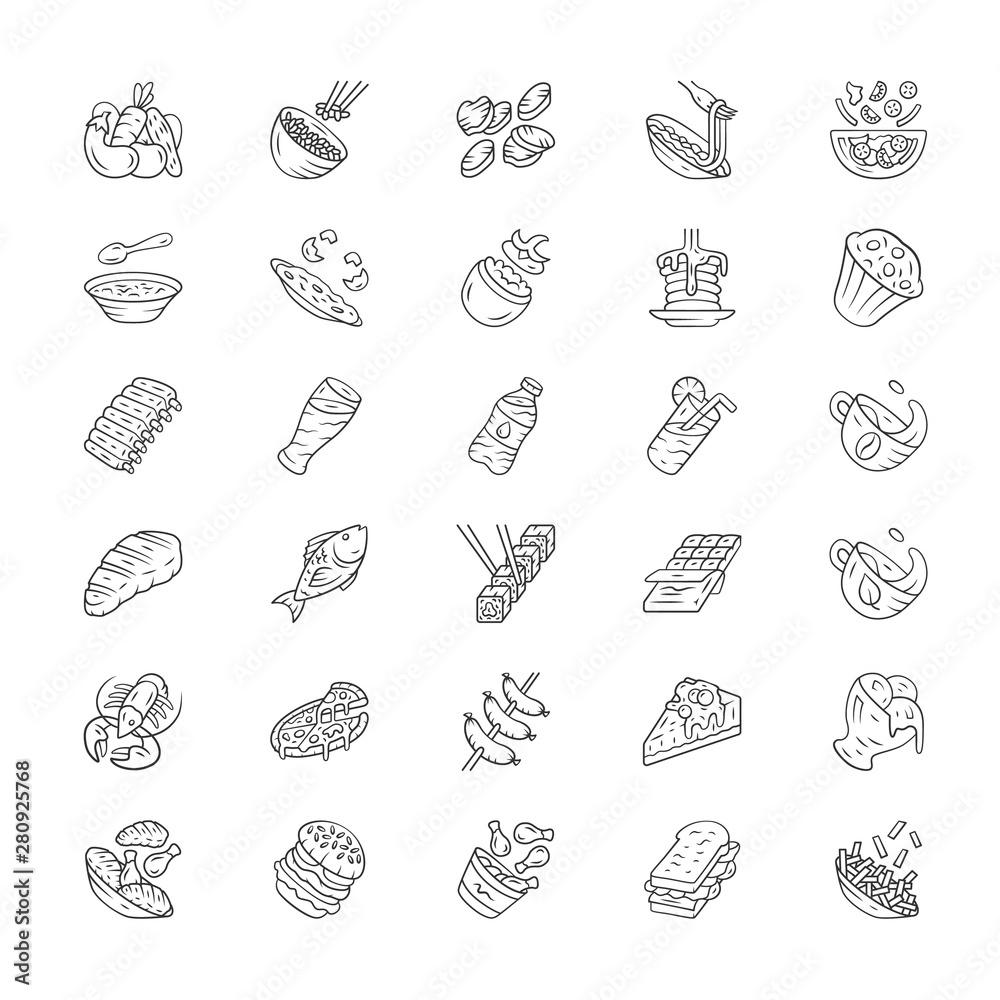Menu dishes linear icons set. Salads, first meal, main dishes. Burger, beverage, dessert. Fast food, restaurant meal. Thin line contour symbols. Isolated vector outline illustrations. Editable stroke
