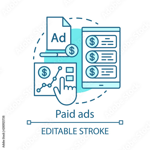 Paid ads blue concept icon. Online marketing idea thin line illustration. PPC channel. Commercial connection. Pay per click advertising campaign. Vector isolated outline drawing. Editable stroke