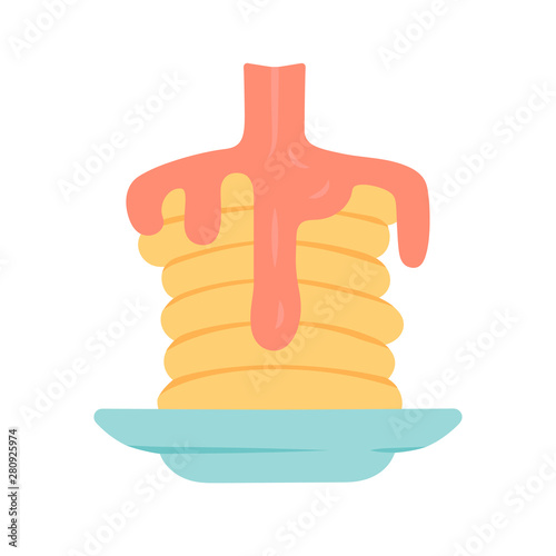 Pancakes with syrup flat design long shadow color icon. Traditional american breakfast. Homemade dessert. Sweet tasty pancake stack with honey. Restaurant, cafe menu. Vector silhouette illustration