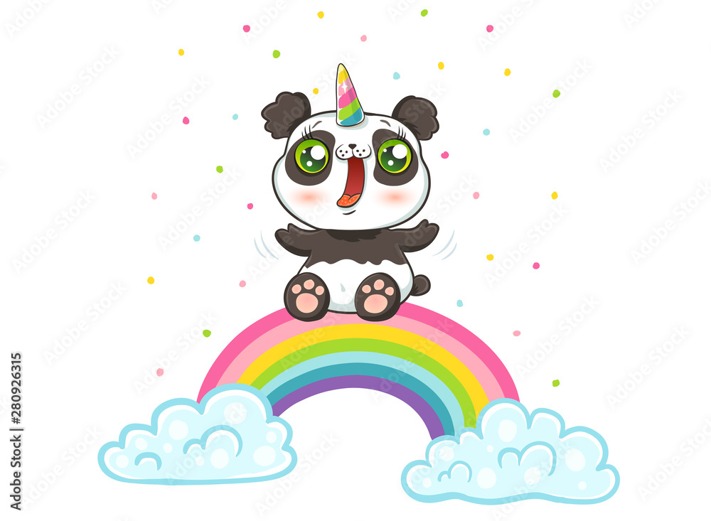 panda  with unicorn horn on rainbow