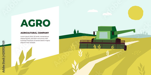 Vector illustration of Agriculture with Combine Harvester working in field. Design for Agricultural Company, harvest field,farm land. Template for banner,annual report,prints, flyer,landing page, blog