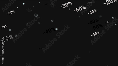 Percent Sings on Dark Background. Black Poster with Silver Percent Sings and Snowflakes. Vector Discount Sale Background.