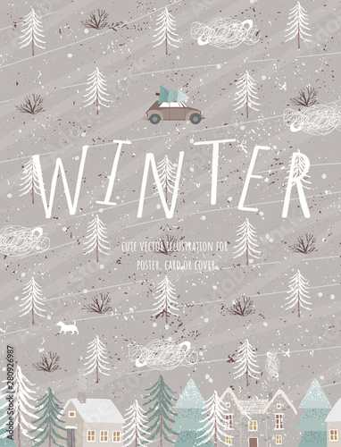 Winter. Vector cute illustration of landscape, houses and Christmas car. Scandinavian Northern style Hugge. Painted background or pattern for poster, card and banner.
