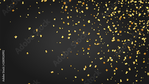 Golden Confetti Falling on Black Backdrop. Trendy Modern Luxury Template. Holiday Decoration Elements on Universal Background. Festive Pattern. Vector Background with Many Golden Confetti.