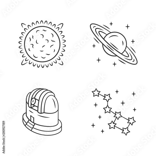 Astronomy linear icons set. Space exploration. Sun, Saturn, observatory, constellation. Astrophysics, astrology. Thin line contour symbols. Isolated vector outline illustrations. Editable stroke