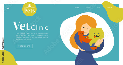 Design for vet clinic, pet care, medicine, veterinary hospital. Vector illustration with cute girl hugging cat and dog. Logo Healthy and Happy Pets. Template for landing page, web site, banner, flyer.