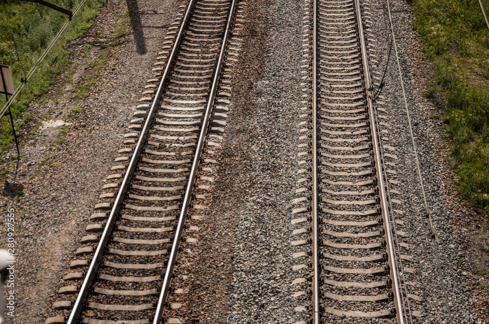 railway top view with stone and green plant beside railway, abstract background railway top view with stone and green plant beside railway, abstract background