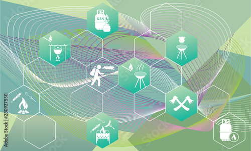 Poster with Set of travel and camping equipment icons