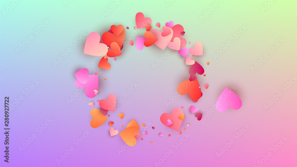 Valentine's Day Background. Heart Confetti Pattern. Invitation Template. Many Random Falling Pink Hearts on Hologram Backdrop. Vector Valentine's Day Background.