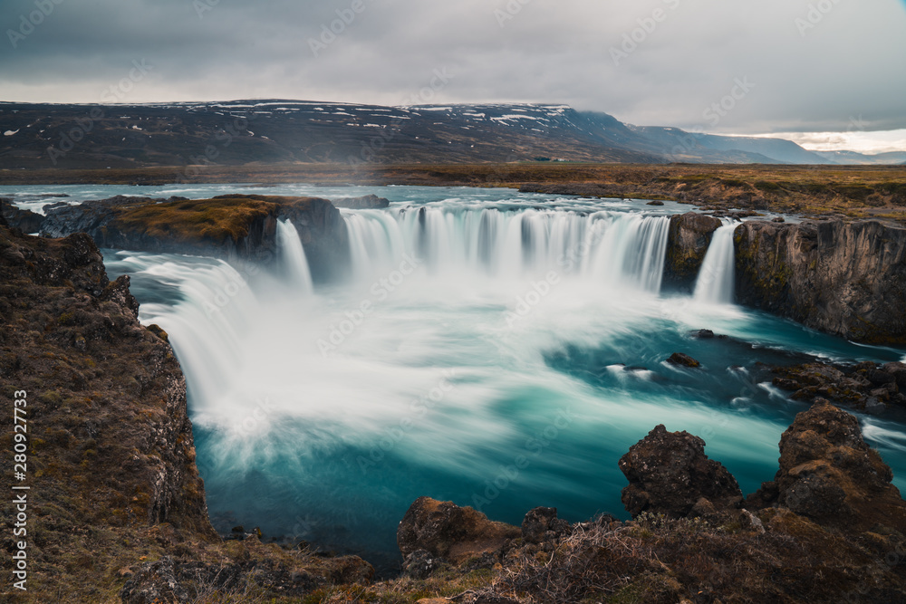 Godafoss waterfall Icleand. Beautiful huge waterfall in north Iceland. Viewpoint on Godafoss. Godafoss waterfall Icleand. Beautiful huge waterfall in north Iceland. Viewpoint on Godafoss.