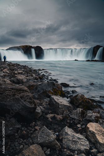 Godafoss waterfall Icleand. Beautiful huge waterfall in north Iceland. View from stone shore. 