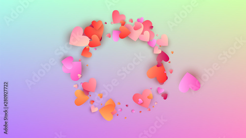 Valentine's Day Background. Heart Confetti Pattern. Invitation Template. Many Random Falling Pink Hearts on Hologram Backdrop. Vector Valentine's Day Background.
