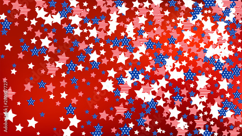 Colors of American Flag: Red, Blue and White.  Abstract Background with Many Falling Stars Confetti on Red Backdrop. 
 Banner, Greeting Card. Vector Stars Background with Colors of American Flag.