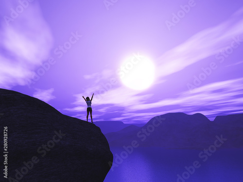 3D female stood on cliff with arms raised in joy against sunset landscape