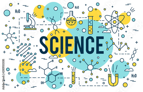 Science background. Research outline icons. Biotechnology and medical elements. Linear dna concept STEM line vector design Website Banner