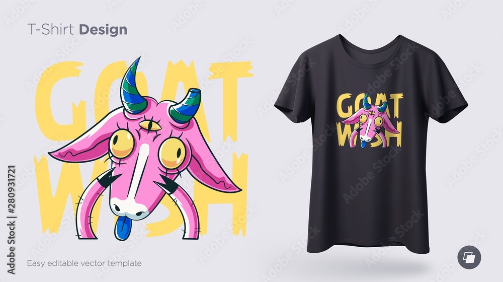 Funny goat. Prints on T-shirts, sweatshirts, cases for mobile phones, souvenirs. Isolated vector illustration on white background.