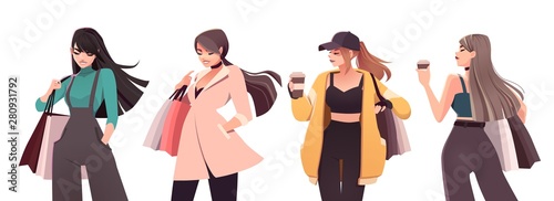 Set of Beautiful Young Girls In Fashion Clothes With Shopping Bags. Stylish Fashion Women. Shopping Day Concept.