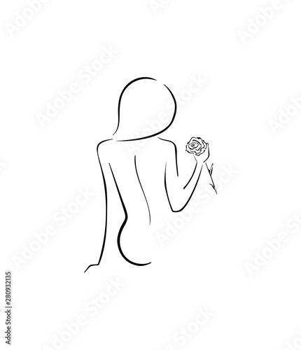 Beautiful woman holds a rose. Art sketch of yong sexy woman. Vector line.