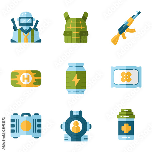 Online game inventory flat design long shadow color icons set. Esports, cybersports. Soldier, body armor, weapon. First aid kit, energy drink, bandage, painkiller, aim. Vector silhouette illustrations