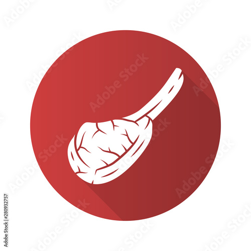 Tomahawk steak flat design long shadow glyph icon. Butchers meat. Meat production and sale. Beefsteak. Pork rib. Protein source. Butchery business. Vector silhouette illustration