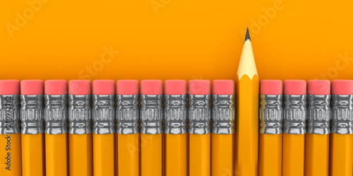 Foto Row of erasers with a single stand out sharpened yellow pencil - 3d render