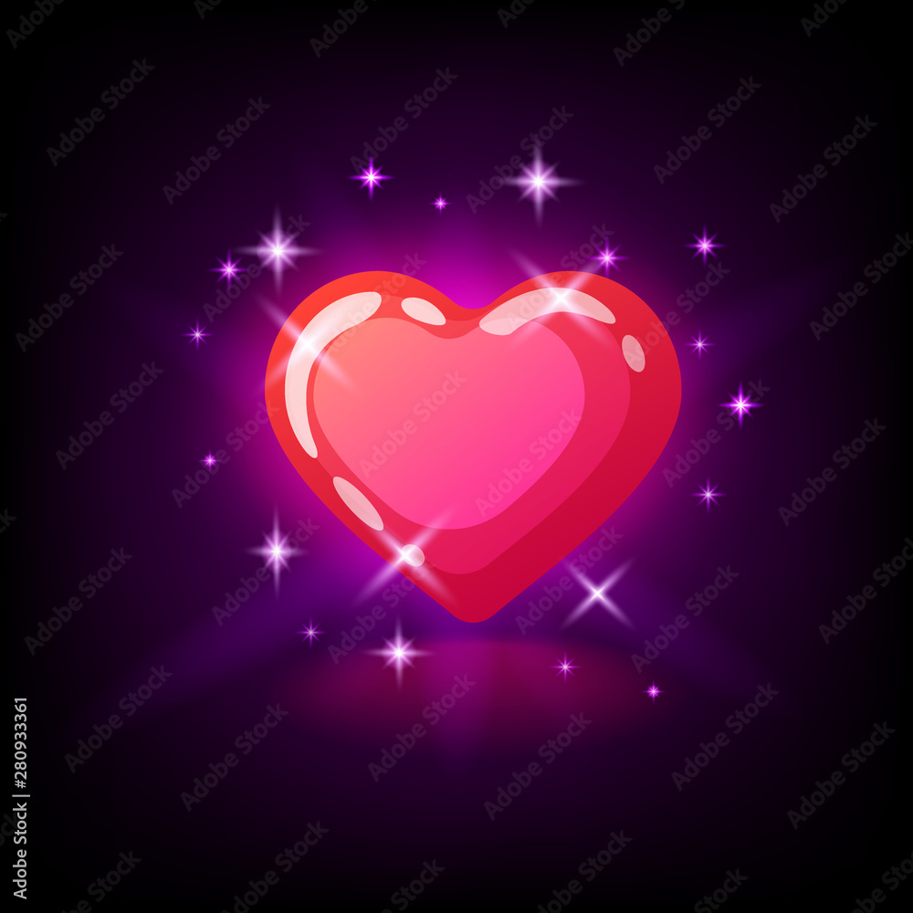 Bright pink glossy heart with sparkles, slot icon for online casino or logo for mobile game on dark purple background, vector illustration Bright pink glossy heart with sparkles, slot icon for online casino or logo for mobile game on dark purple background, vector illustration