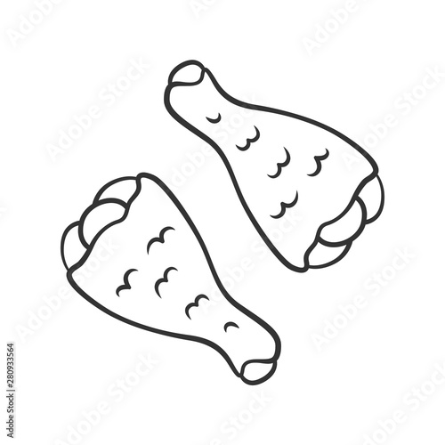 Chicken drumsticks linear icon. Butchers meat. Meat production and sale. Protein source. Chicken legs. Thin line illustration. Contour symbol. Vector isolated outline drawing. Editable stroke