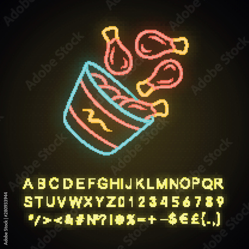 Chicken bucket neon light icon. BBQ chicken drumsticks, legs. Unhealthy fast food. Cafe, steakhouse menu. Meat cookery. Glowing sign with alphabet, numbers and symbols. Vector isolated illustration