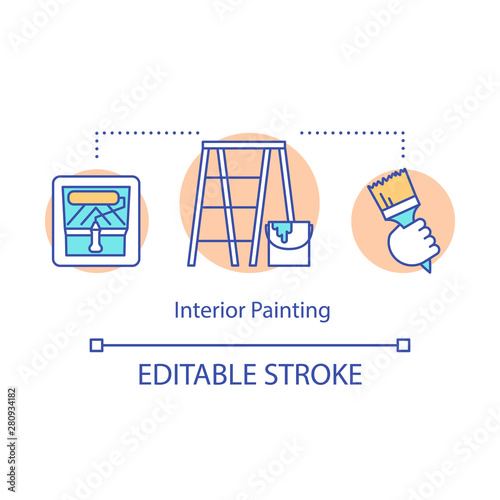 Interior painting concept icon. Handyman service. Roller, brush, bucket, stepladder. Wall decoration. House painter work idea thin line illustration. Vector isolated outline drawing. Editable stroke