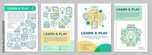 Learn and play design brochure layout. Children entertainment and education. Flyer, booklet, leaflet print design with linear illustrations. Vector page layouts for annual reports, advertising posters