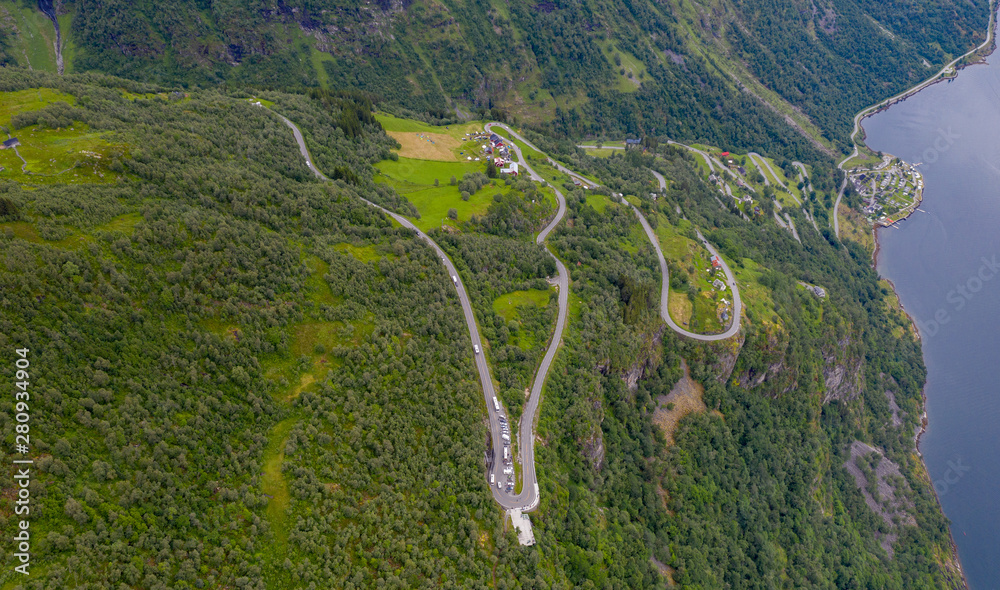 Eagle's Road mountain road in Norway, aerial view over view point. Geiranger, Norway, july 2019